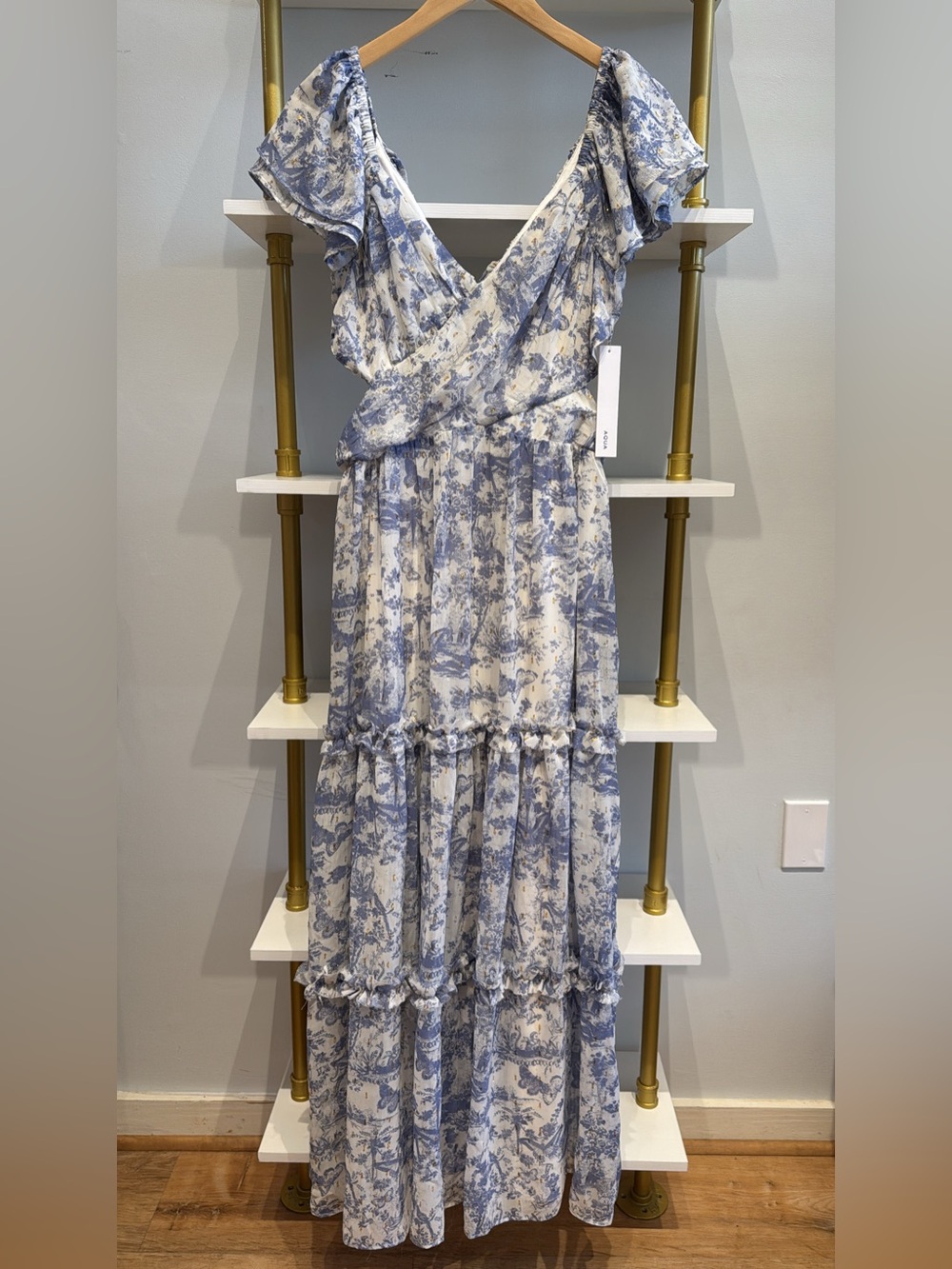NWT Porcelain Blue and White Floral Ruffle Maxi Dress with Gold Foil Accents - Picture 3 of 7